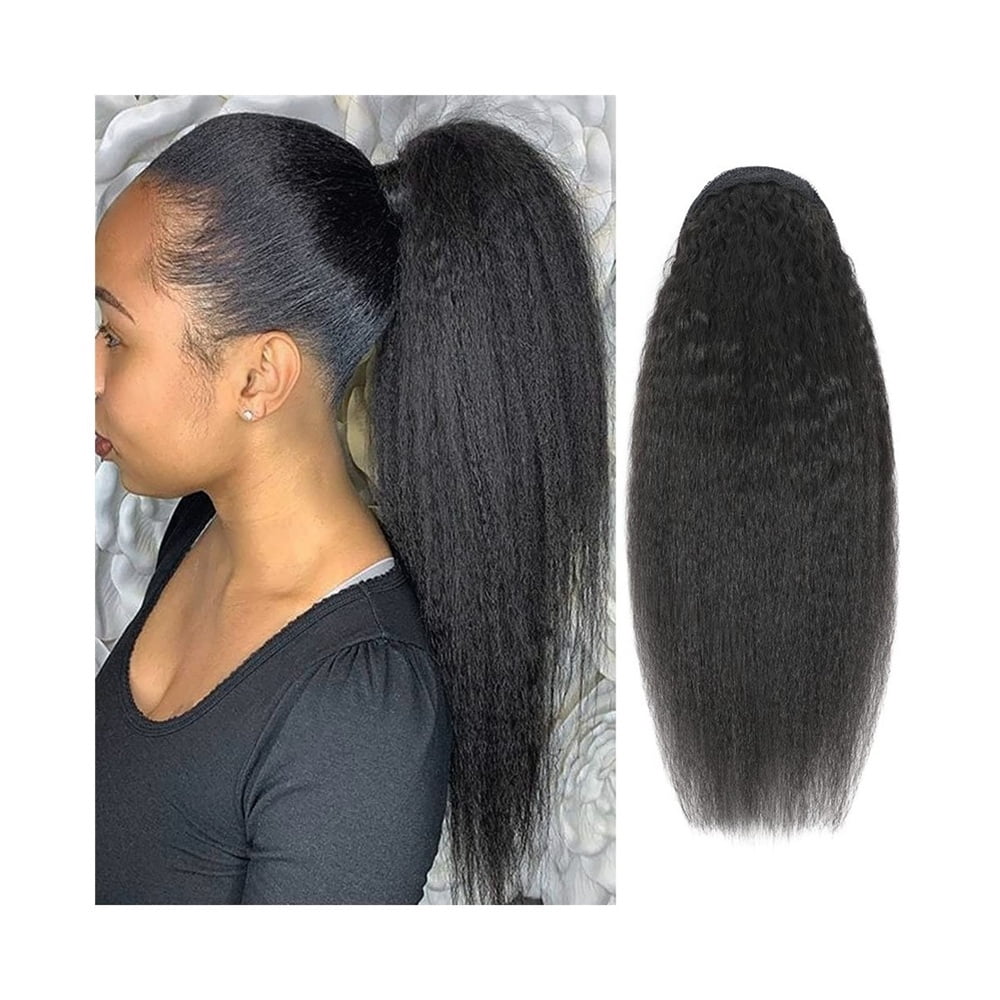 Human Hair Ponytail Clip in Hair Piece 10"-26" Kinky Straight Ponytail Extensions Remy Hair Yaki Straight Ponytail Hairpieces, Natural Black