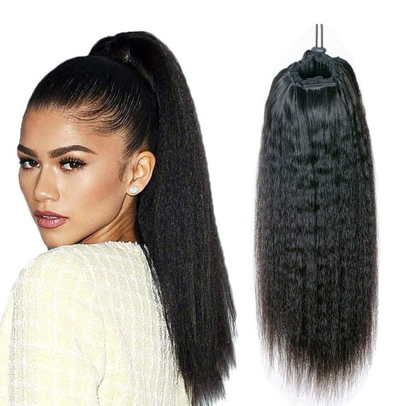 Human Hair Ponytail Extensions Yaki Afro Kinky Straight Curly Ponytail Wrap Drawstring Human Hair Natural Color Hairpiece with Clip in Binding Pony Tail Kinky Curly 12 Inch Wrap Around