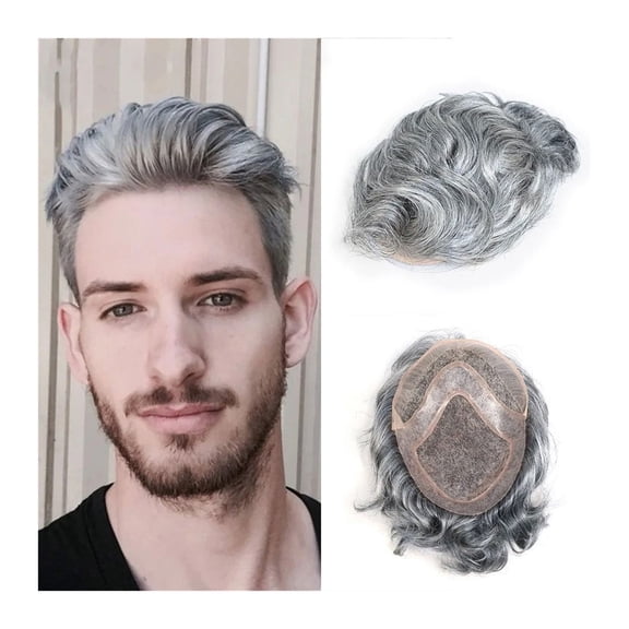 Human Hair Replacement System Toupee for Men Fine Mono Wave Male Wigs Men's Prosthesis 8x10 Grey Hairpiece Units