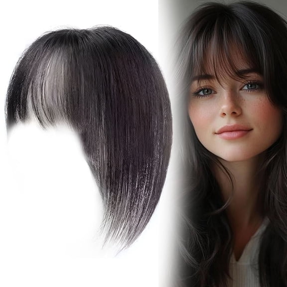 Human Hair Topper with Clip,Wispy Bangs,Straight Base for Thinning Crown, Real Remy Hair Piece with Natural Scalp Line, Lightweight Black Hair Extension,A 2.8x3.9 in