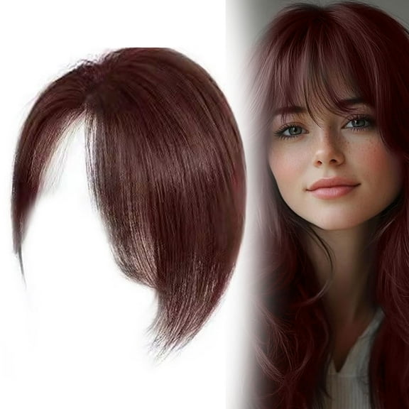 Human Hair Topper with Clip,Wispy Bangs,Straight Base for Thinning Crown, Real Remy Hair Piece with Natural Scalp Line, Lightweight Black Hair Extension,B One Size