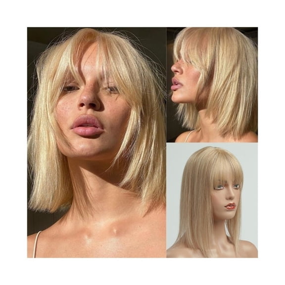 Human Hair Topper with Bangs, 10 Inch Light Blonde Remy Hair Pieces 3"5" Silk Base Clip In Straight Hair Topper for Women with Thinning Hair