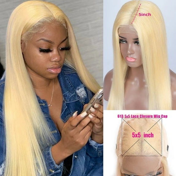 Human Hair Wig Blonde 613 Lace Front With 5X5 Closure 150% Density 22 inch Silk Straight