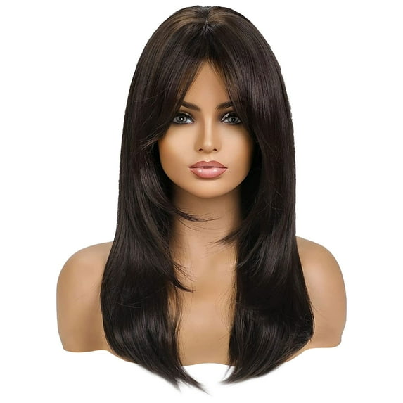 Human Hair Wig Dark Brown High Temperature Silk Eight Figure Bangs Long Straight Hair Wig Headband Wigs