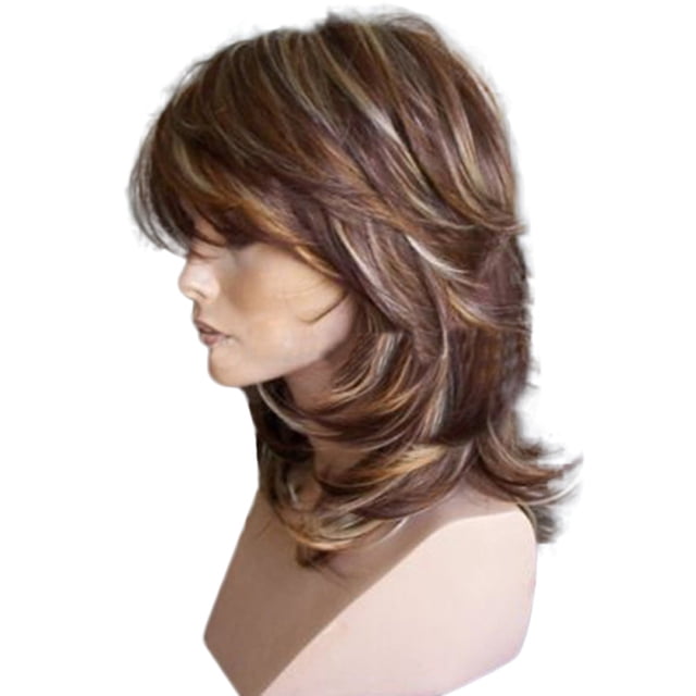 Human Hair Wig Synthetic Layered Medium Highlighted Slightly Side Curled Wig Wig Headband Wigs