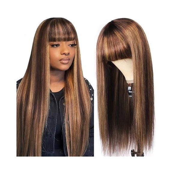 Human Hair Wig with Bangs Ombre Highlight Brown Straight Hair for Women Density 180%