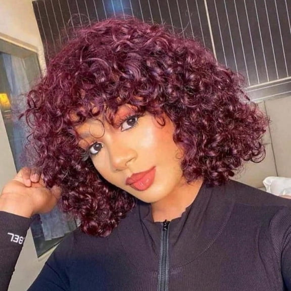 Human Hair Wigs Short Curly Wig With Bangs 10Inch Pixie Cut Human Hair Wigs For Black Women No Lace Front Wigs Burgundy 99j Curly Funmi Glueless Wigs With Bangs