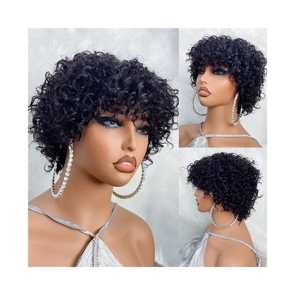 Human Hair Wigs with Bangs Short Bouncy Curly Bob Wig with Bang 8Inch 180% Density