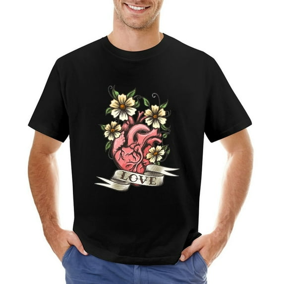 Human Heart, Flowers And Ribbon with Hand Drawn Lettering Vintage T-shirt Mens Cotton Classic Crewneck Short Sleeve Tees Unisex Black L