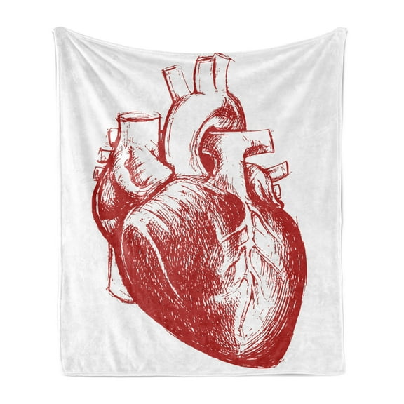 Human Heart Soft Flannel Fleece Blanket, Warm Tone Monochromatic Realistic Sketch of Cardio Organ Anatomy Print, Cozy Plush for Indoor and Outdoor Use, 70" x 90", Vermilion and White, by Ambesonne