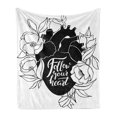 thumbnail image 1 of Human Heart Soft Flannel Fleece Throw Blanket, Flourish Follow Your Heart Words on Organ with Outline Flowers, Cozy Plush for Indoor and Outdoor Use, 50" x 70", Charcoal Grey and White, by Ambesonne, 1 of 5
