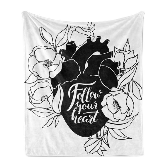 Human Heart Soft Flannel Fleece Throw Blanket, Flourish Follow Your Heart Words on Organ with Outline Flowers, Cozy Plush for Indoor and Outdoor Use, 50" x 70", Charcoal Grey and White, by Ambesonne