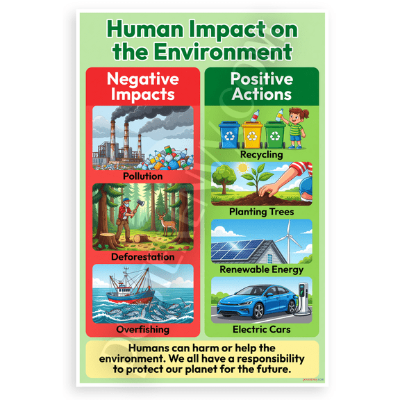 Human Impact on the Environment Negative Impacts Positive Actions Educational 12x18 US Made Poster