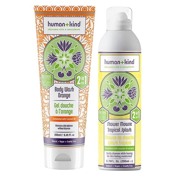 Human+Kind Body Wash 2 Pc Kit - 8.45oz Body Wash - Orange, 6.76oz Shower Mousse Bodywash - Tropical Splash