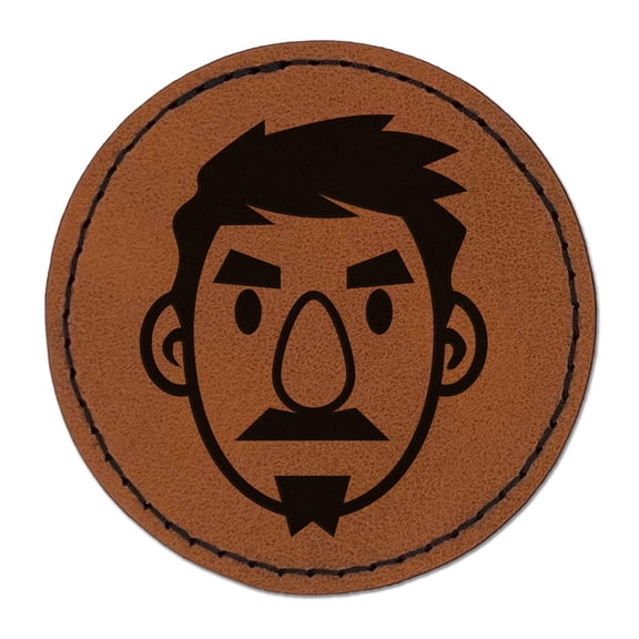 Human Male Character Face 2.5" Faux Leather Round Engraved Iron-On Patch - Brown