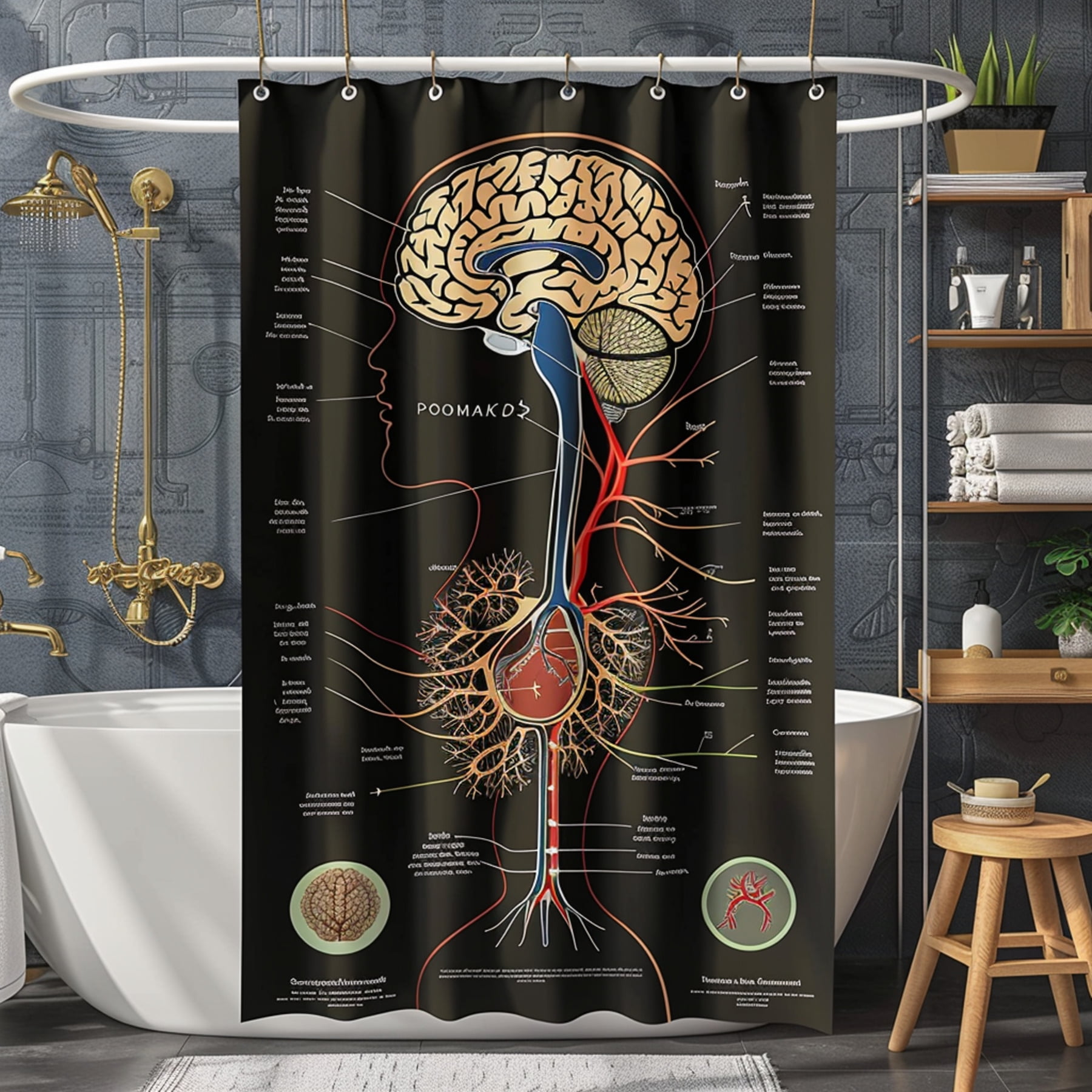 Human Nervous System Educational Shower Curtain Brain Anatomy Heart Muscles Scientific Diagram