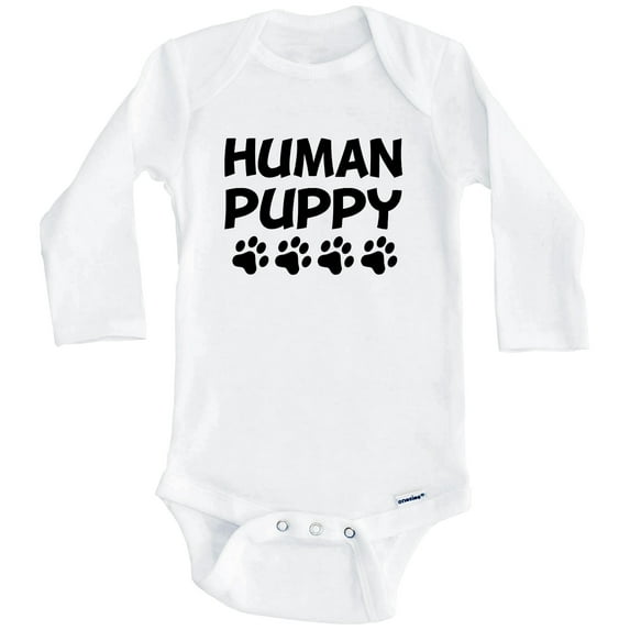 Human Puppy Funny Dog Paw Print One Piece Baby Bodysuit (Long Sleeve), 3-6 Months White