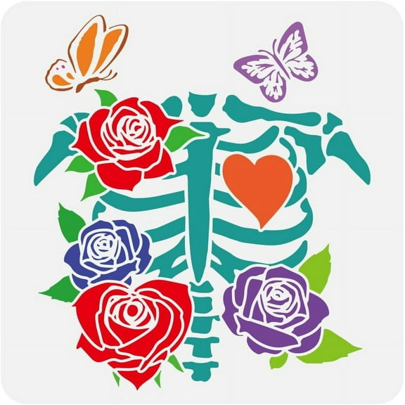 Human Rib Cage Painting Stencil 11.8x11.8 inch Decorative Skeleton Bones Drawing Template Hollowed Rose Flower Butterfly Pattern Stencil Skeleton Theme Template