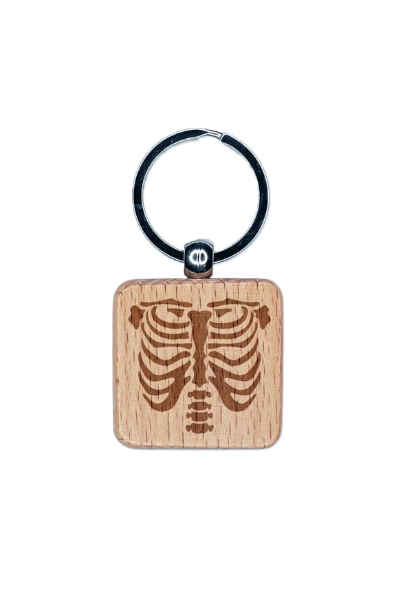 Human Ribcage Skeleton Bones Spooky Halloween Square Keychain Charm Tag - Engraved Wood