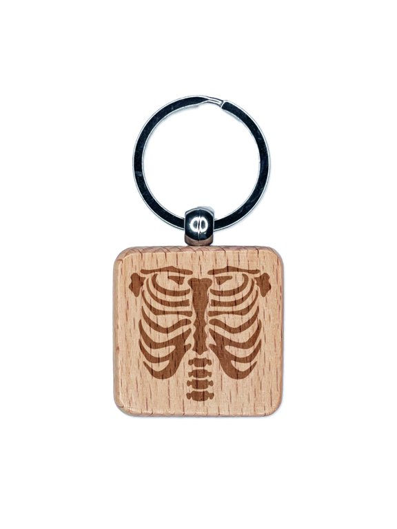 Human Ribcage Skeleton Bones Spooky Halloween Square Keychain Charm Tag - Engraved Wood