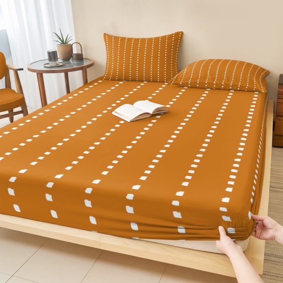 King Size Fitted Sheet Set - Geometric Stripes Orange 3 Piece Bedding Sets 16" Deep Pocket Fitted Sheet with 2 Pillowcases, Polka Dots Abstract Retro Brushed Microfiber Hotel Luxury Bed Sheets