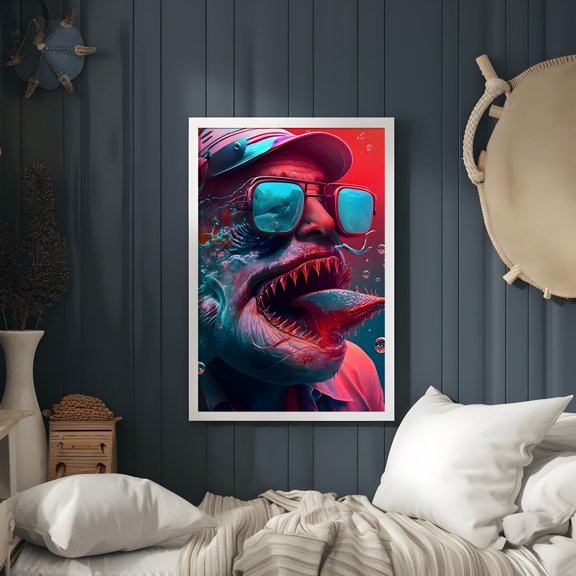 Human Shark Poster, Creepy Horror Wall Art Whimsical Water Adventure Decoration Scary Creature Print Reflective Sunglasses Gifts, Poster Only