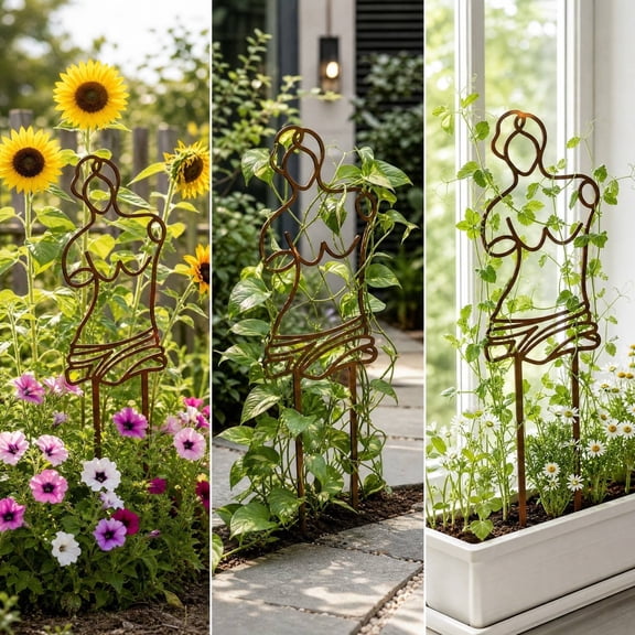 Human Silhouette Metal Plants Support Stake Rust-Resistant Iron Craft, Decorative Human-Shaped Plant Stake for Flower Vines Climbing, Rustproof Garden Yard Art for Patio Lawn and Flower Bed Display