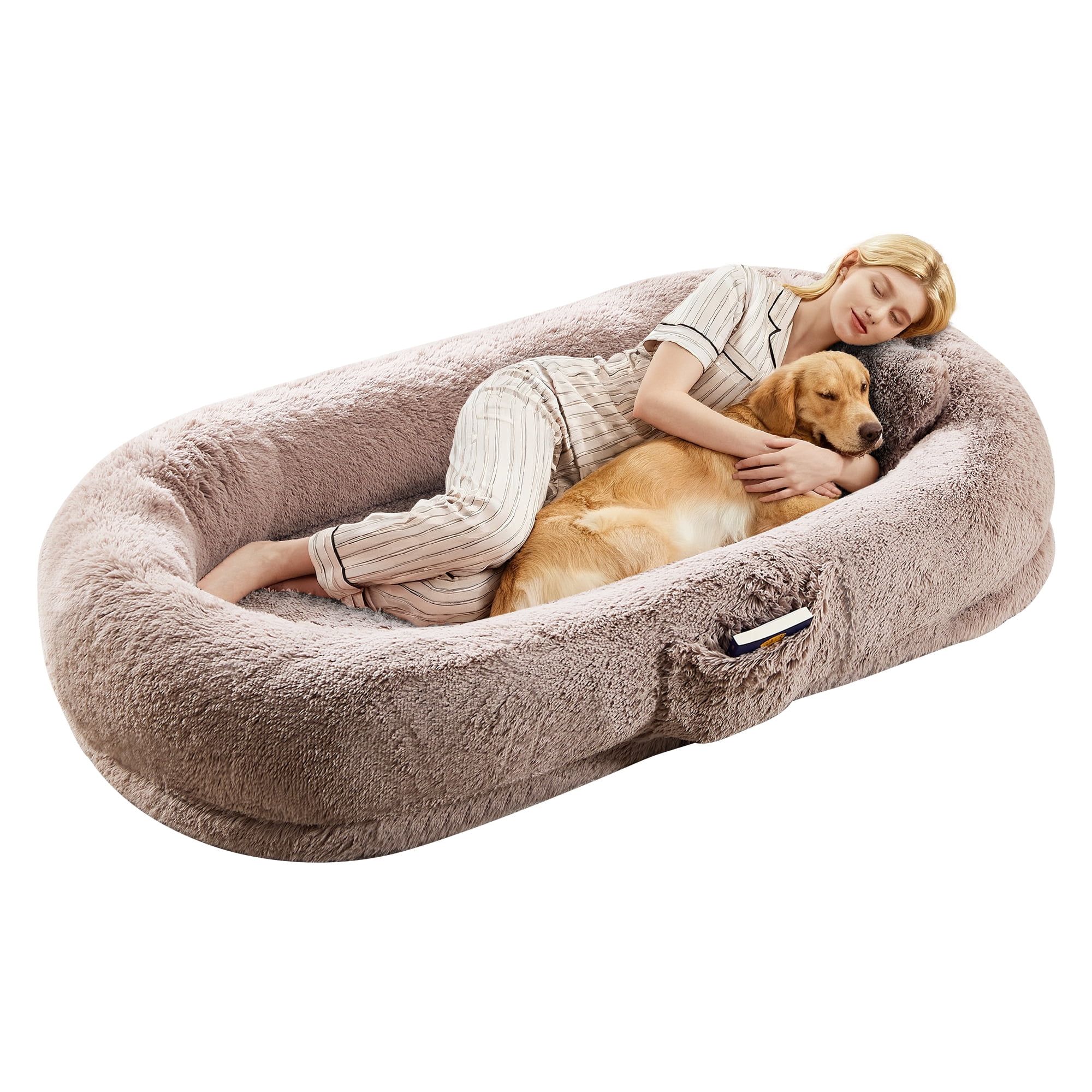Human Size Dog Bed for People and Pets, 67×43×8 inch Orthopedic Foam Lounger with Removable Washable Faux Fur Cover, Raised Bolster, Side Pocket and Portable Strap, No Assembly Required, Cozy Floor B