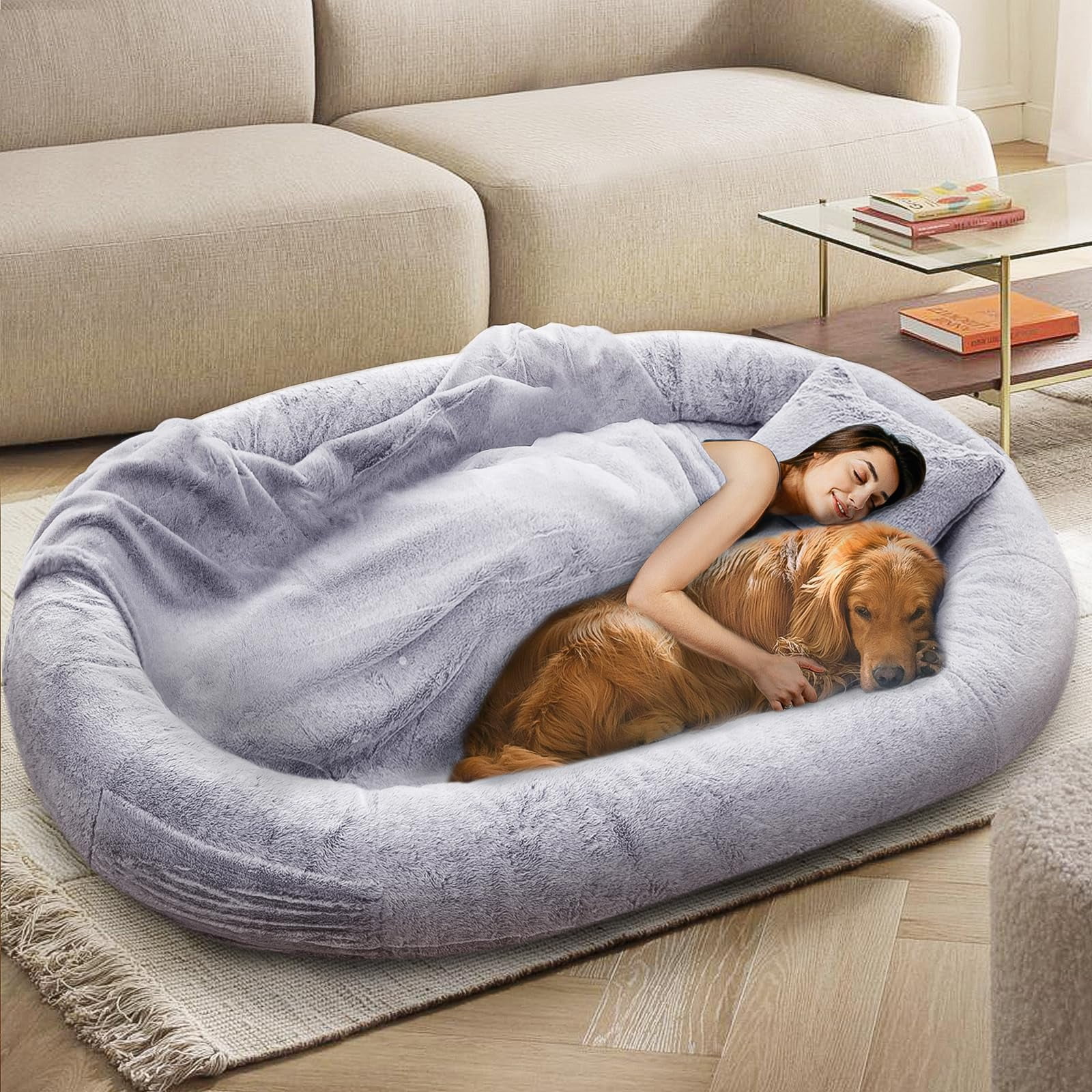 Human Size Dog Bed for Adults and Pets, 71x45x14 Inch Oversized Orthopedic Bean Bag, Plush Faux Fur Washable Cover with Pillow and Blanket, Gray