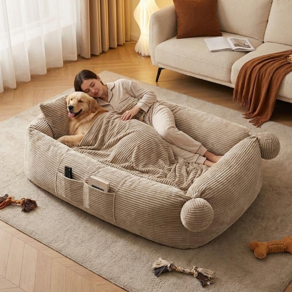 Human Sized Dog Bed, 70.87" x 45" x 12" Large Dog Bed with 2 Storage Pockets, Faux Fur Orthopedic Pet Bean Bed for Adults & Giant Pets - Khika-corduroy
