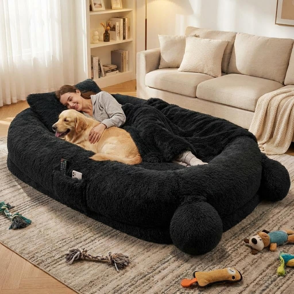 Human Sized Dog Bed, 70.87" x 45" x 12" Large Dog Bed with 2 Storage Pockets, Faux Fur Orthopedic Pet Bean Bed for Adults & Giant Pets - Black