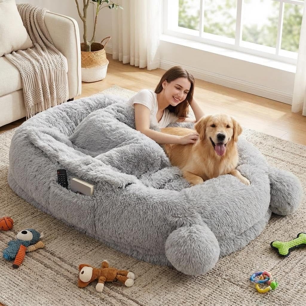 Human Sized Dog Bed, 70.87" x 45" x 12" Large Dog Bed with 2 Storage Pockets, Faux Fur Orthopedic Pet Bean Bed for Adults & Giant Pets - Grey