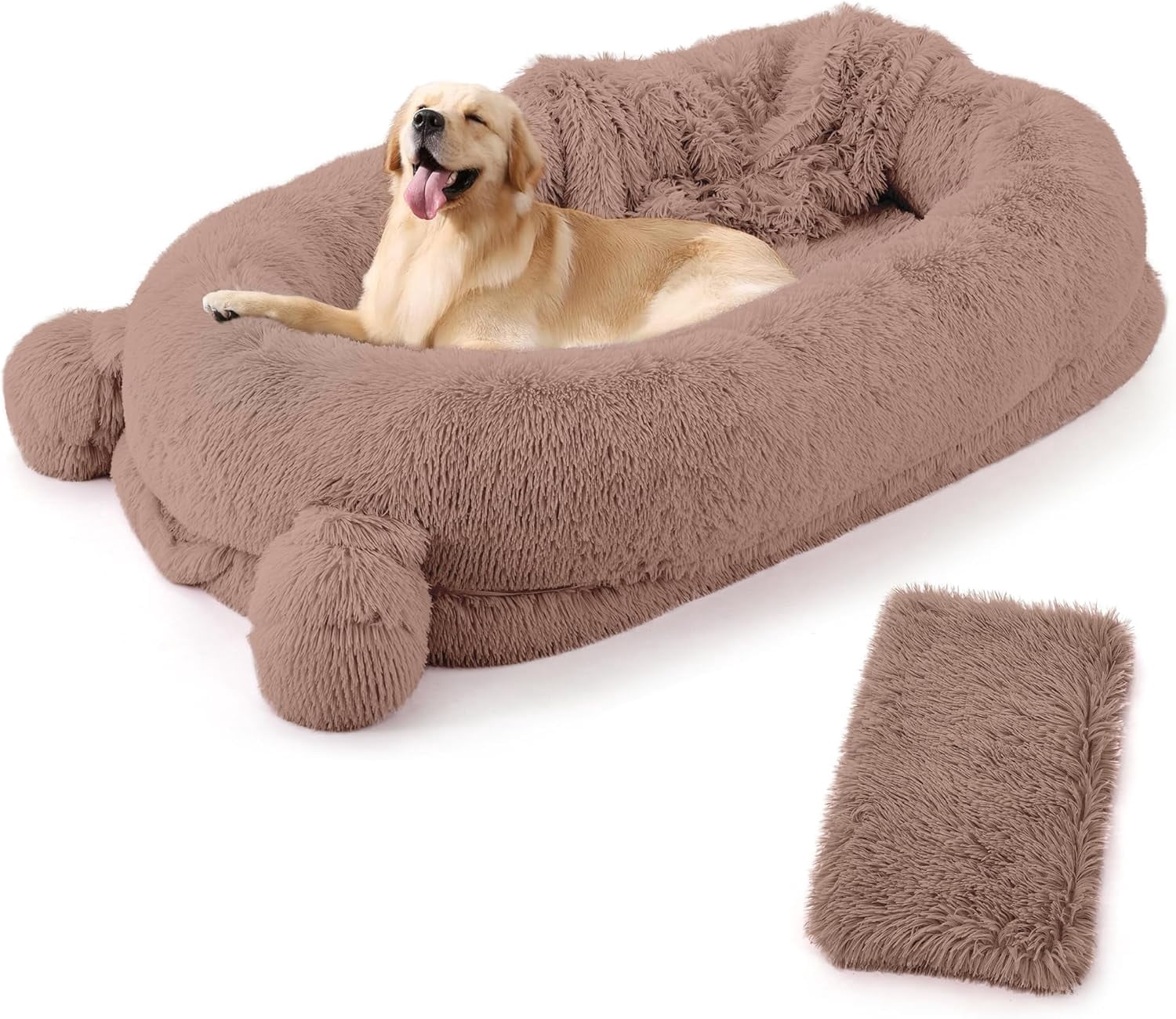 Human Sized Dog Bed, 70.87" x 45" x 12" Large Dog Bed with 2 Storage Pockets, Faux Fur Orthopedic Pet Bean Bed for Adults & Giant Pets - Khaki