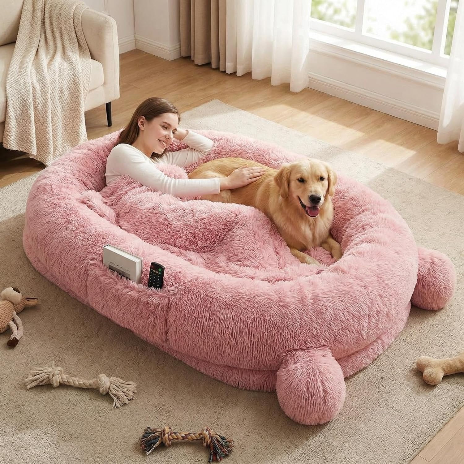 Human Sized Dog Bed, 70.87" x 45" x 12" Large Dog Bed with 2 Storage Pockets, Faux Fur Orthopedic Pet Bean Bed for Adults & Giant Pets - Pink