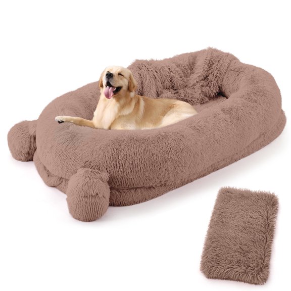 Human-Sized Orthopedic Dog Bed for Adults & Pets, 71"x45"x12" Extra Large Cuddly Faux Fur Bean Bag Sofa