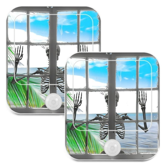 Human Skeleton Outside Window 2 Pack LED Motion Sensor Night Light Plug into Wall Auto Dusk to Dawn Adjustable Brightness for Kids Bedroom Hallway Nursery Room