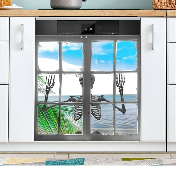 Human Skeleton Outside Window Dishwasher Magnetic Refrigerator Magnet Cover Kitchen Art Panel Decal Sticker Home Decorative 23"x26"