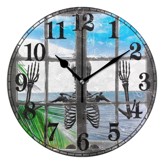 Human Skeleton Outside Window Silent Wall Clock 10" Non-Ticking Battery Clock