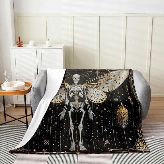 Human Skeleton Throw Blanket Butterfly Dead Moth Golden Galaxy Flannel Blanket for Kids Teens Adults Tribal Animal Feather Exotic Style Bed Blanket for Couch Chairs 40x50