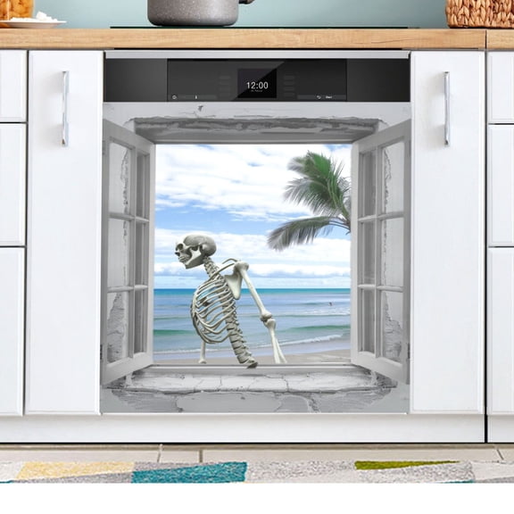 Human Skeleton on Beach Dishwasher Magnetic Refrigerator Magnet Cover Kitchen Art Panel Decal Sticker Home Decorative 23"x26"