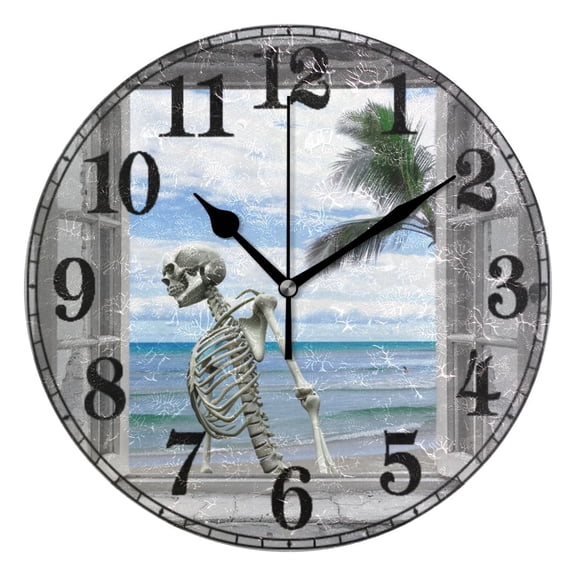 Human Skeleton on Beach Silent Wall Clock 10" Non-Ticking Battery Clock