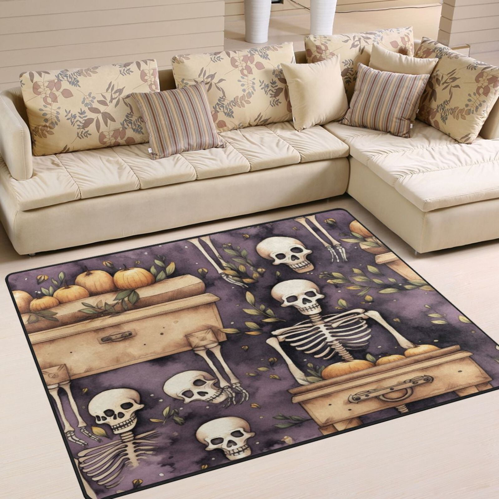 Human Skeleton with Pumpkins Area Rug Washable 80 x 58 Floor Carpet Mat ...