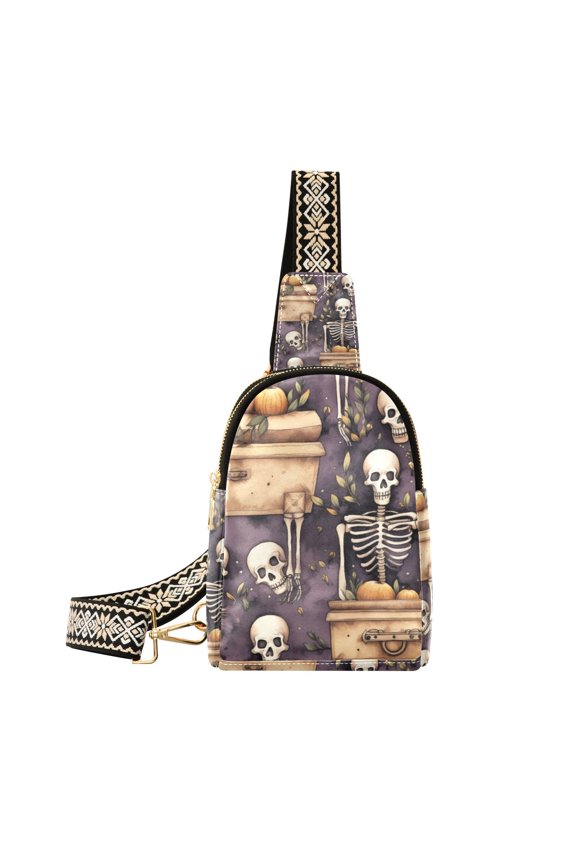 Human Skeleton with Pumpkins Crossbody Bags Backpack Chest Bag Shoulder Bag Waist Bag for Outdoor Travel Hiking Fitness Cycling