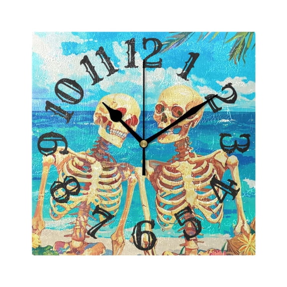 Human Skeletons Sea Flowers Wall Clock Square Silent Non Ticking Battery Operated Clock for Home Bathroom Kitchen Bedroom Living Room