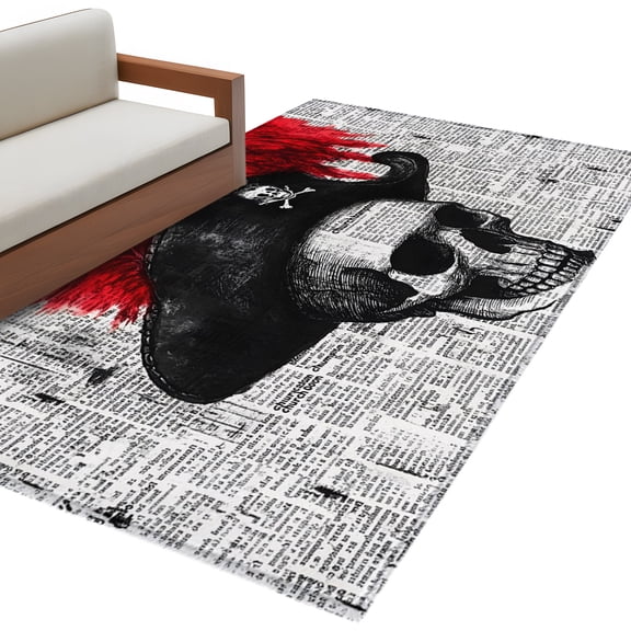 Human Skull Area Rug 4x6 Washable Rug Non Slip Red Ostrich Feather Horror Art Newsprint Large Area Rug Indoor Floor Carpet for Entryway Bedroom Kitchen Living Room Home Office Dining Room Nursery