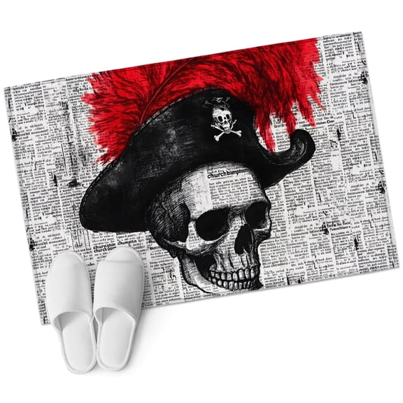 Human Skull Bathroom Rug Washable 2x3 Entryway Rug Non Slip Red Ostrich Feather Horror Art Newsprint Front Door Mat Low Pile Indoor Doormat Throw Floor Carpet for Kitchen Bedroom Entrance