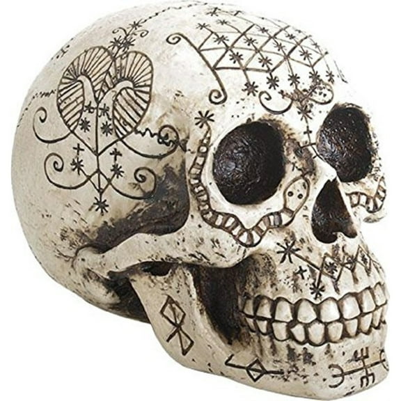 Human Skull Etched with Voodoo Tattoo Symbols Figurine Natural Bone Finish New