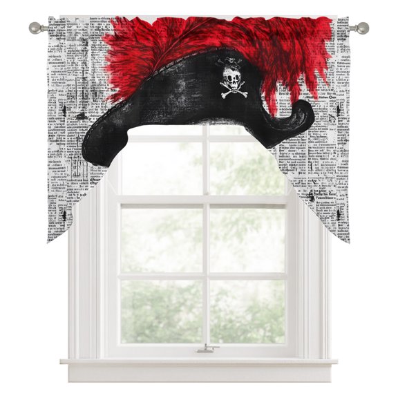 Human Skull Kitchen Curtains Swag Valance for Windows/Bathroom/Cafe, Red Ostrich Feather Horror Art Newsprint Rod Pocket Drape Panel Swag Curtains Valance for Bedroom/Living Room 56"x36"