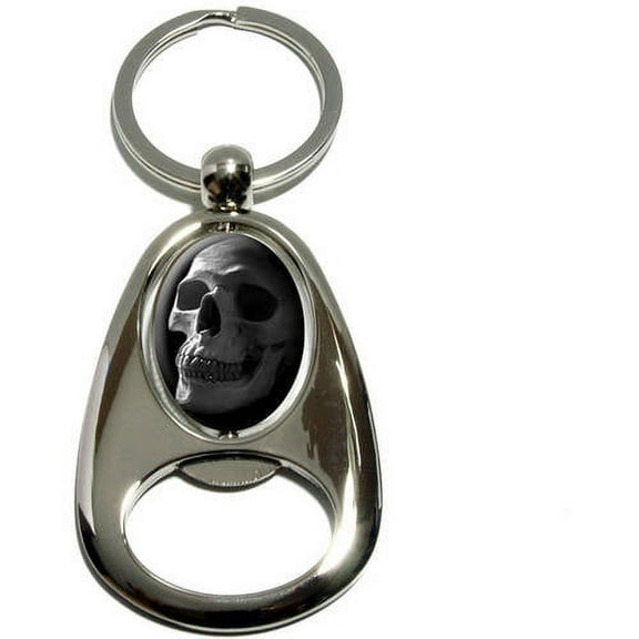 Human Skull, Skeleton Head, Chrome Plated Metal Spinning Oval Design Bottle Opener Keychain Key Ring