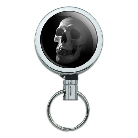 Human Skull Skeleton Head Retractable Belt Clip Badge Key Holder